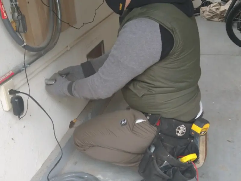 Electrician performing outlet wiring in a Neenah garage
